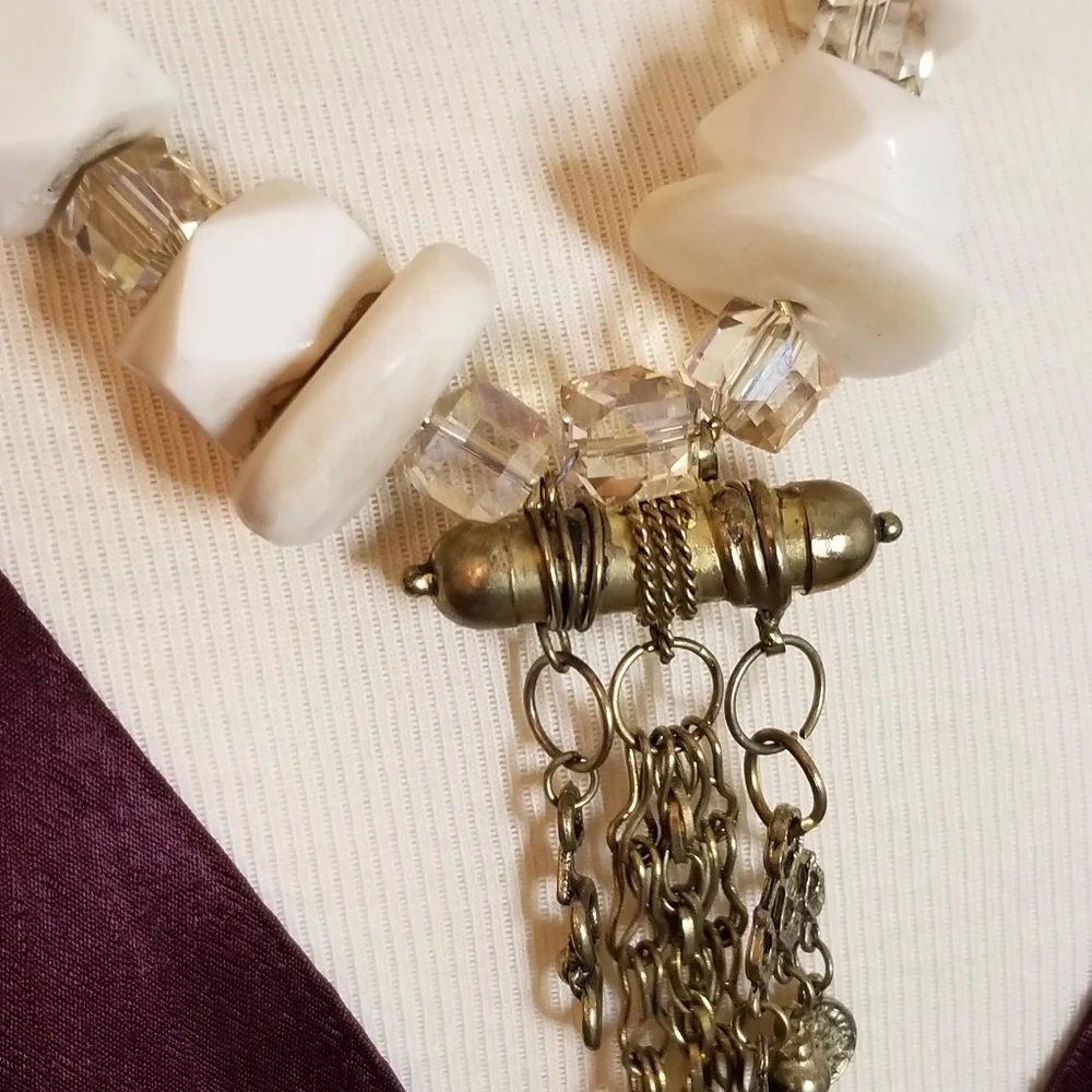 ✨️Ivory bone beads, Crystals, Tassel Focal Statement Necklace- Handcrafted✨️ - Picture 9 of 13